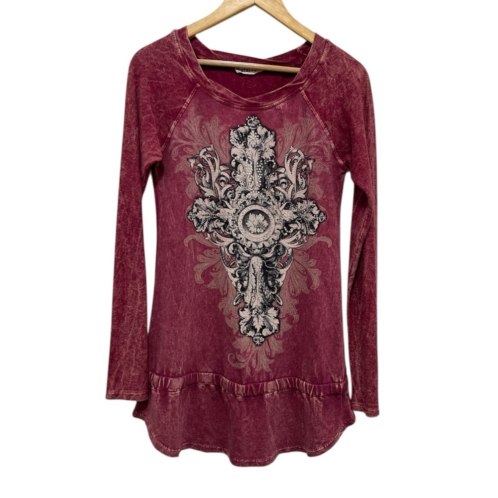 VOCAL Embellished Cross Tunic Sweater Top Long Sleeve Size Small